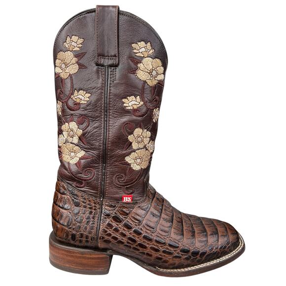 Big Bull Brown Crocadile Embroidered Floral Cowgirl Boots Size 25.5 US 8.5 - Picture 1 of 11